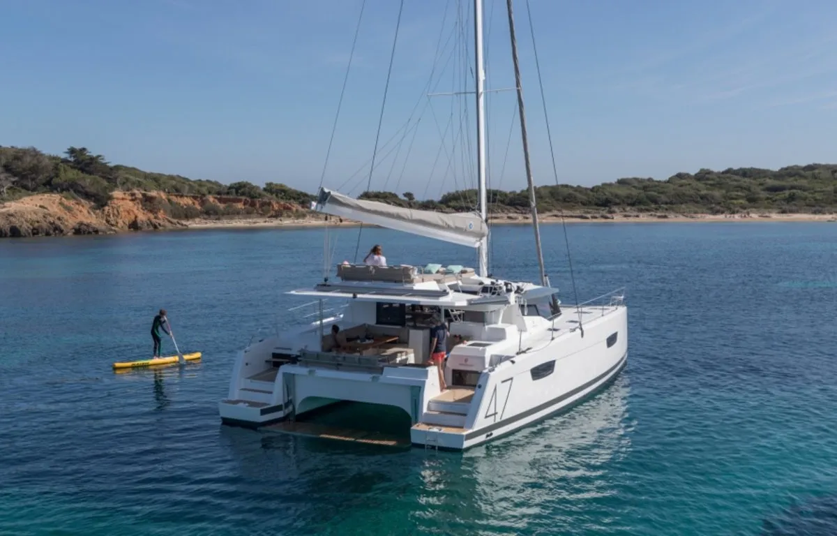 Exterior view of Impossible Dream, a Fountaine Pajot Saona 47 Maestro catamaran at Central Abaco, Bahamas