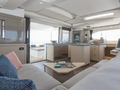 Salon of Impossible Dream, a Fountaine Pajot Saona 47 Maestro catamaran at Central Abaco, Bahamas