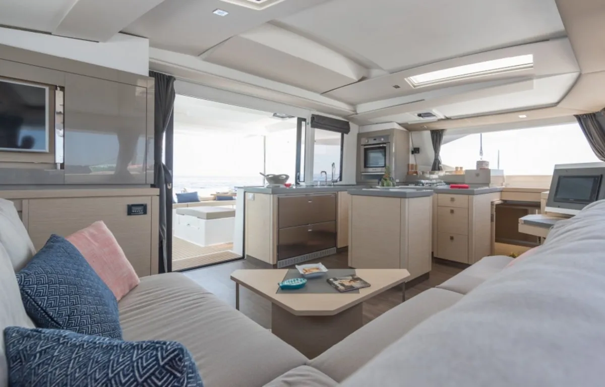 Salon of Impossible Dream, a Fountaine Pajot Saona 47 Maestro catamaran at Central Abaco, Bahamas