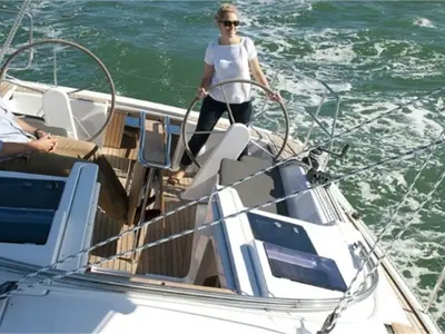 Cockpit of Sunshine, a Hanse 345 sailboat at Athens, Greece