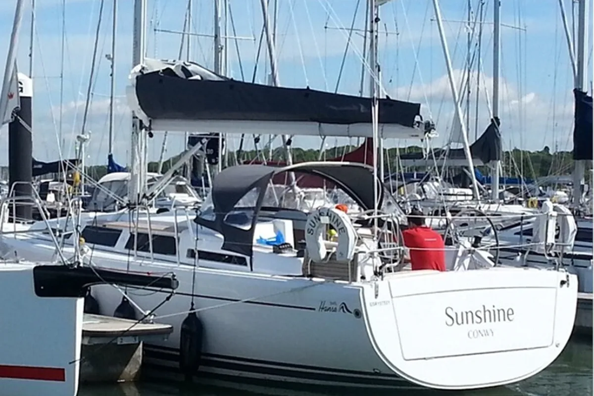 Exterior view of Sunshine, a Hanse 345 sailboat at Athens, Greece