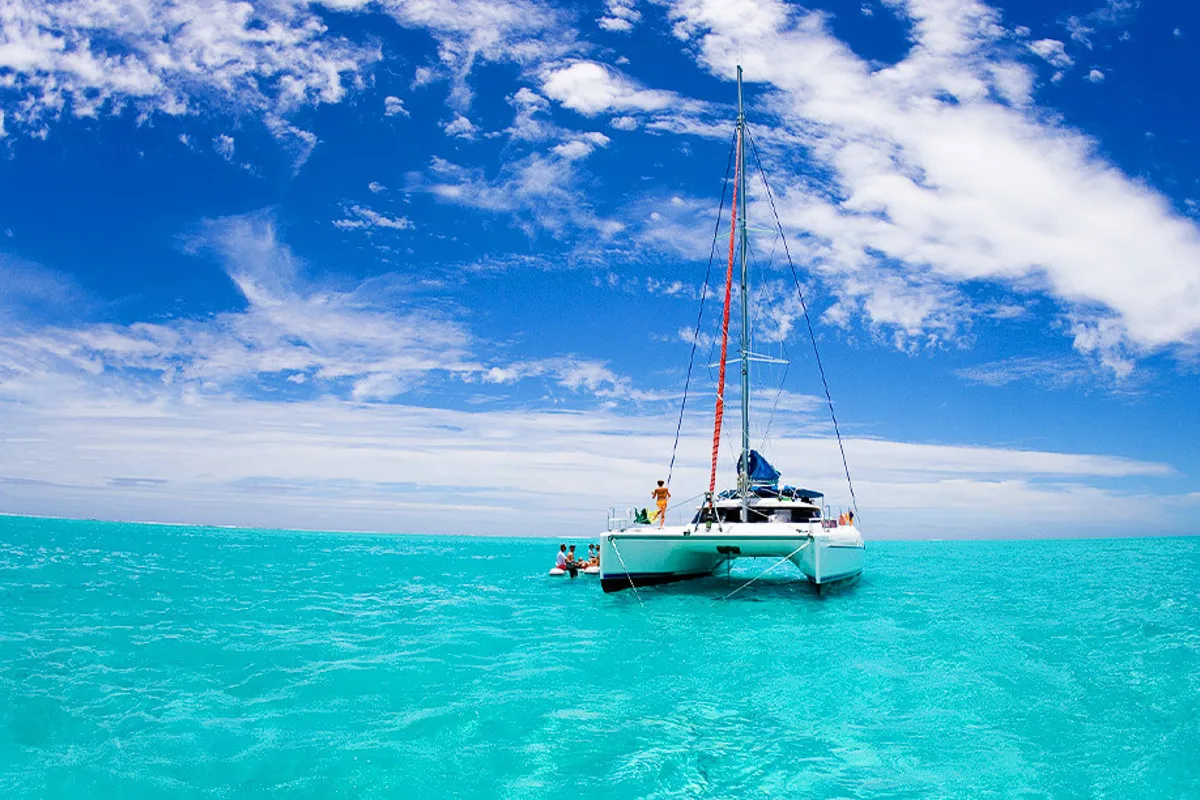 Exterior view of HeyBlue, a Lagoon 42 catamaran at Parikia, Greece