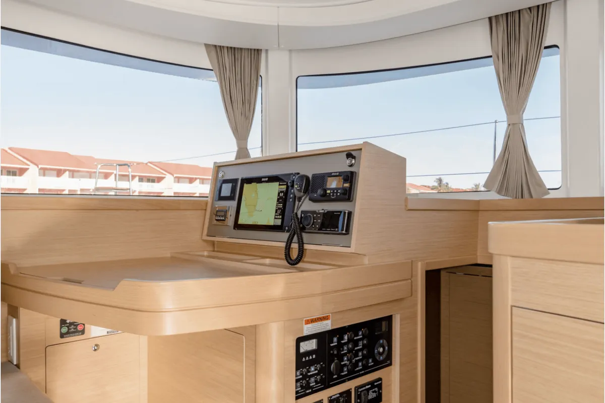 Cockpit of HeyBlue, a Lagoon 42 catamaran at Parikia, Greece