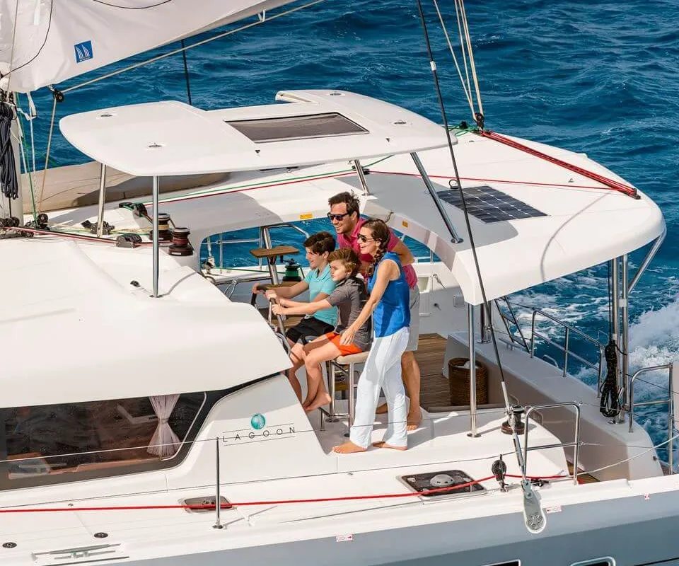 Deck of HeyBlue, a Lagoon 42 catamaran at Parikia, Greece