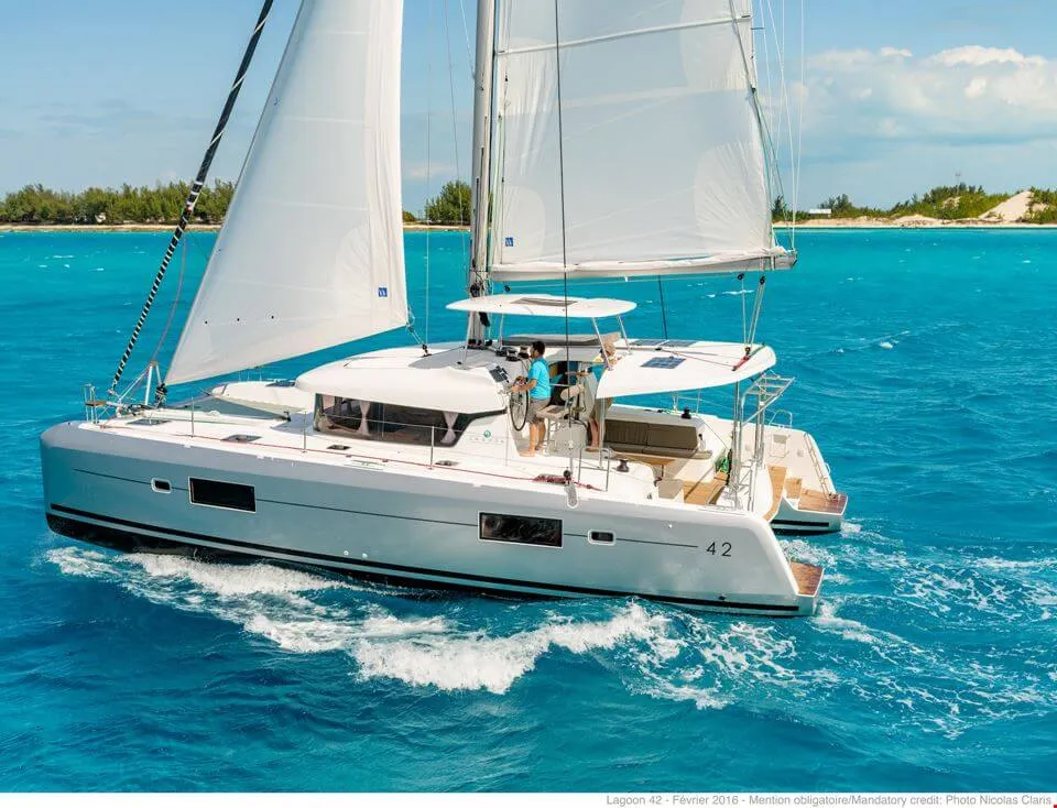 Exterior view of HeyBlue, a Lagoon 42 catamaran at Parikia, Greece