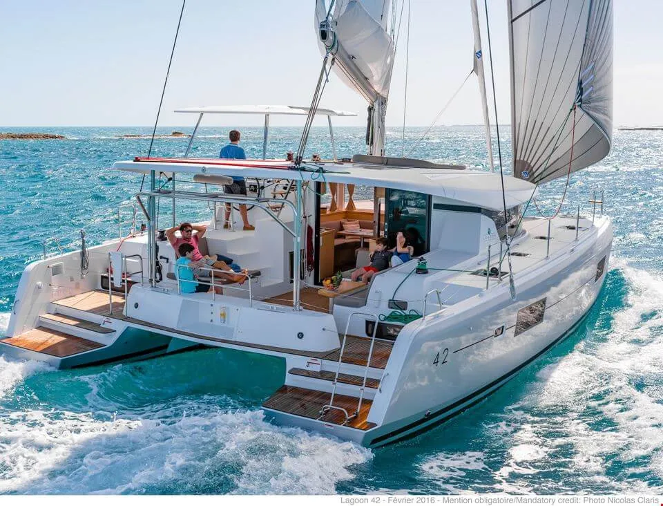 Deck of HeyBlue, a Lagoon 42 catamaran at Parikia, Greece