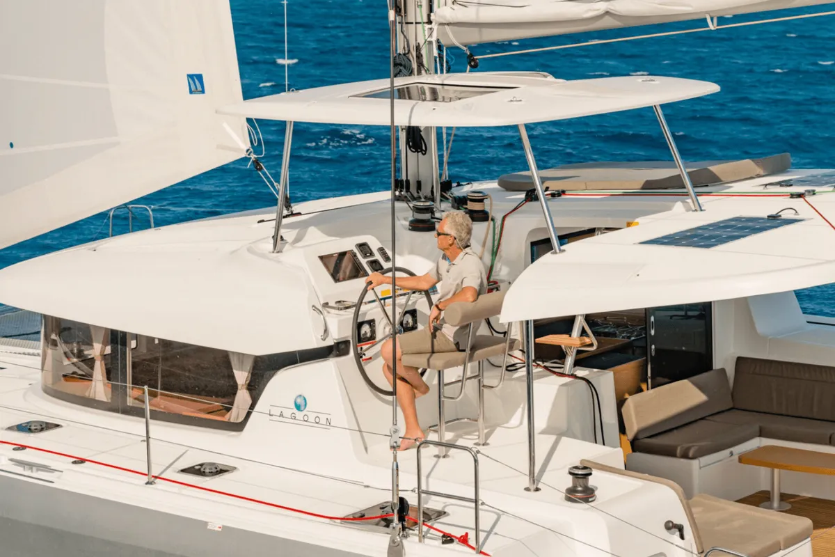 Cockpit of HeyBlue, a Lagoon 42 catamaran at Parikia, Greece