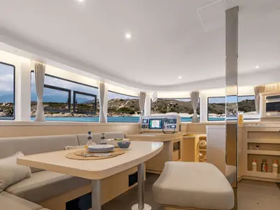 Salon of HeyBlue, a Lagoon 42 catamaran at Parikia, Greece