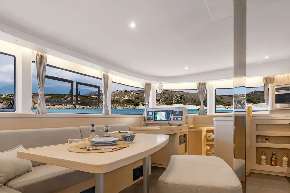 Salon of HeyBlue, a Lagoon 42 catamaran at Parikia, Greece