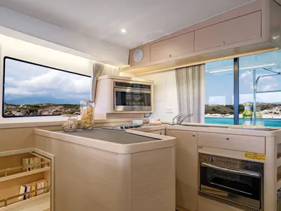 Galley of HeyBlue, a Lagoon 42 catamaran at Parikia, Greece