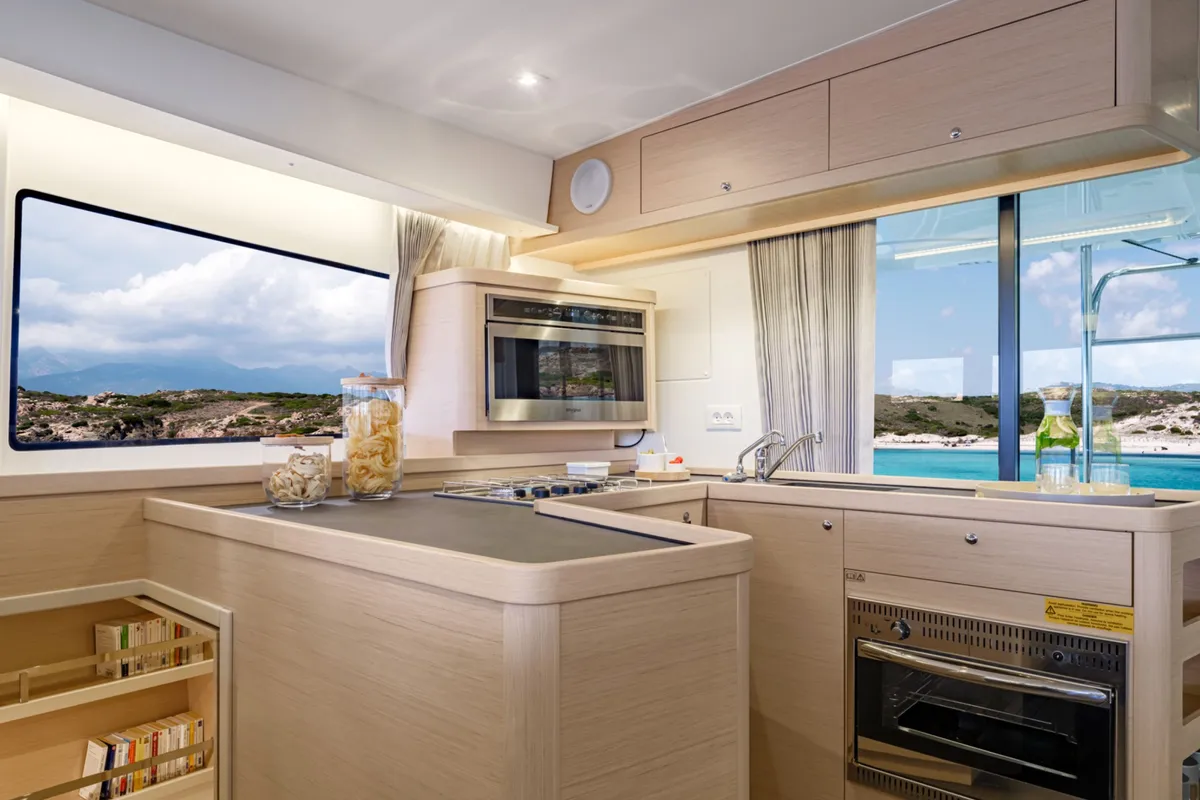 Galley of HeyBlue, a Lagoon 42 catamaran at Parikia, Greece