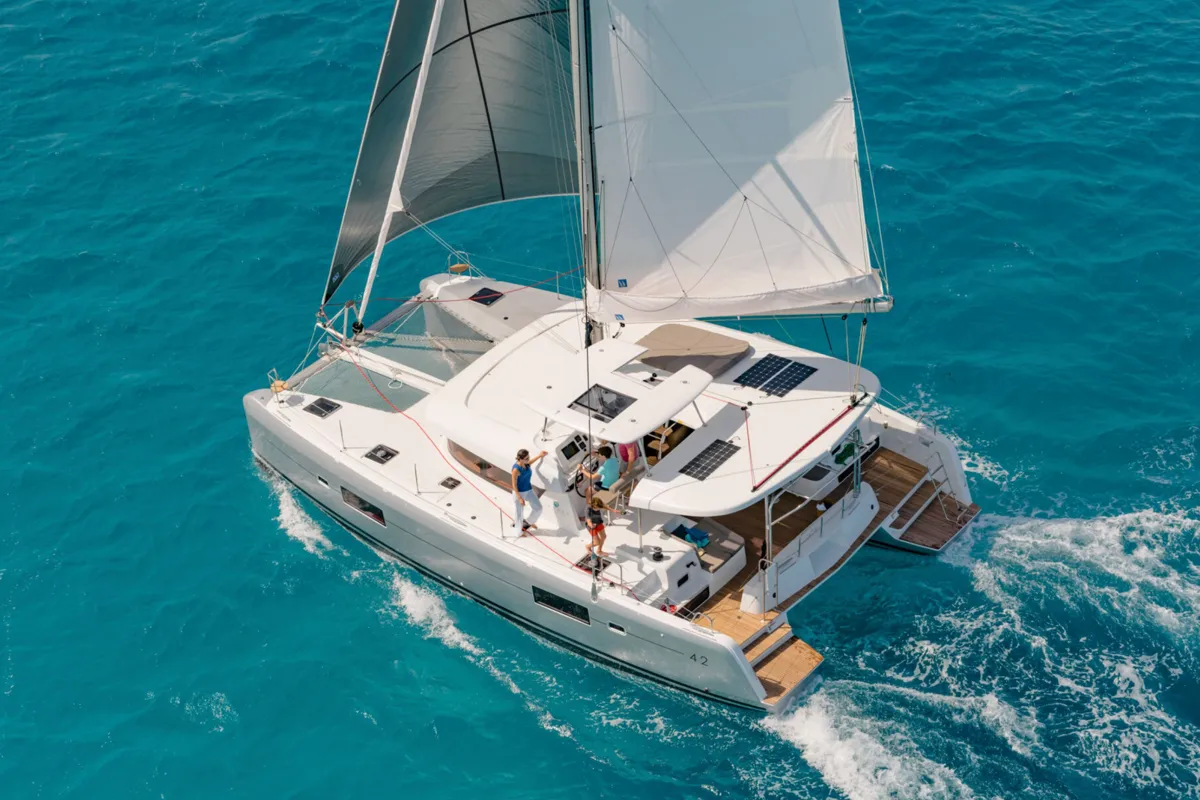 Exterior view of HeyBlue, a Lagoon 42 catamaran at Parikia, Greece