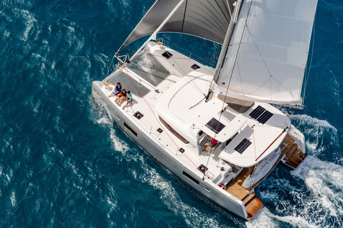 Exterior view of HeyBlue, a Lagoon 42 catamaran at Parikia, Greece