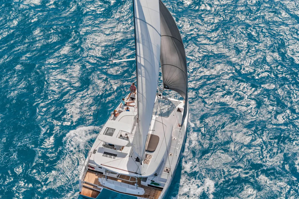 Exterior view of HeyBlue, a Lagoon 42 catamaran at Parikia, Greece