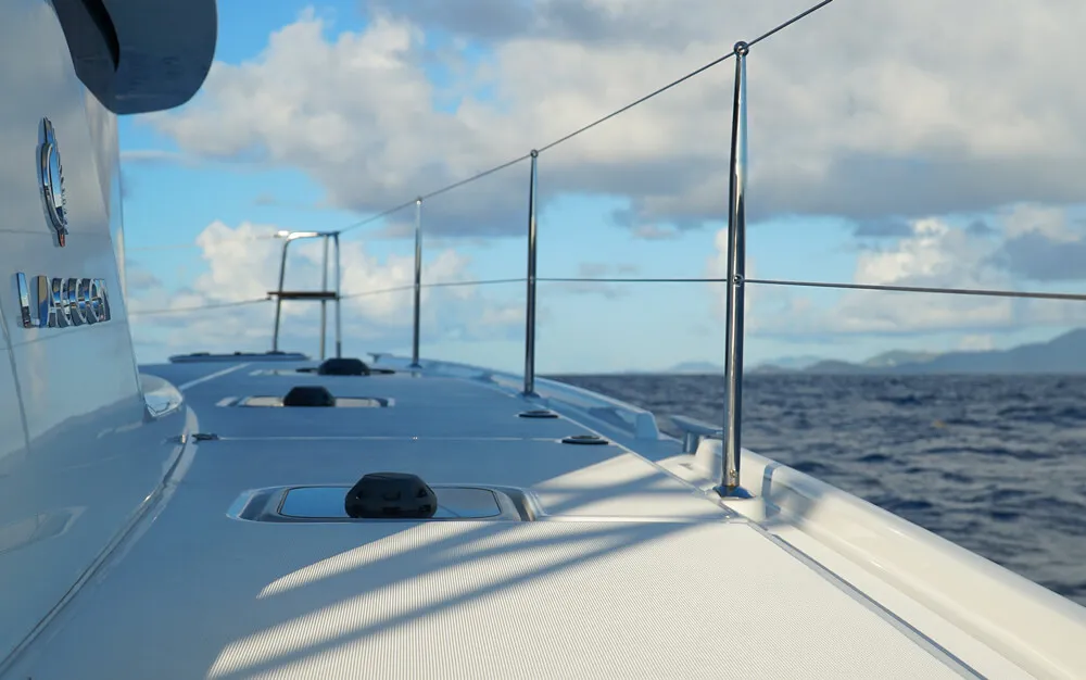 Deck of HeyBlue, a Lagoon 42 catamaran at Parikia, Greece