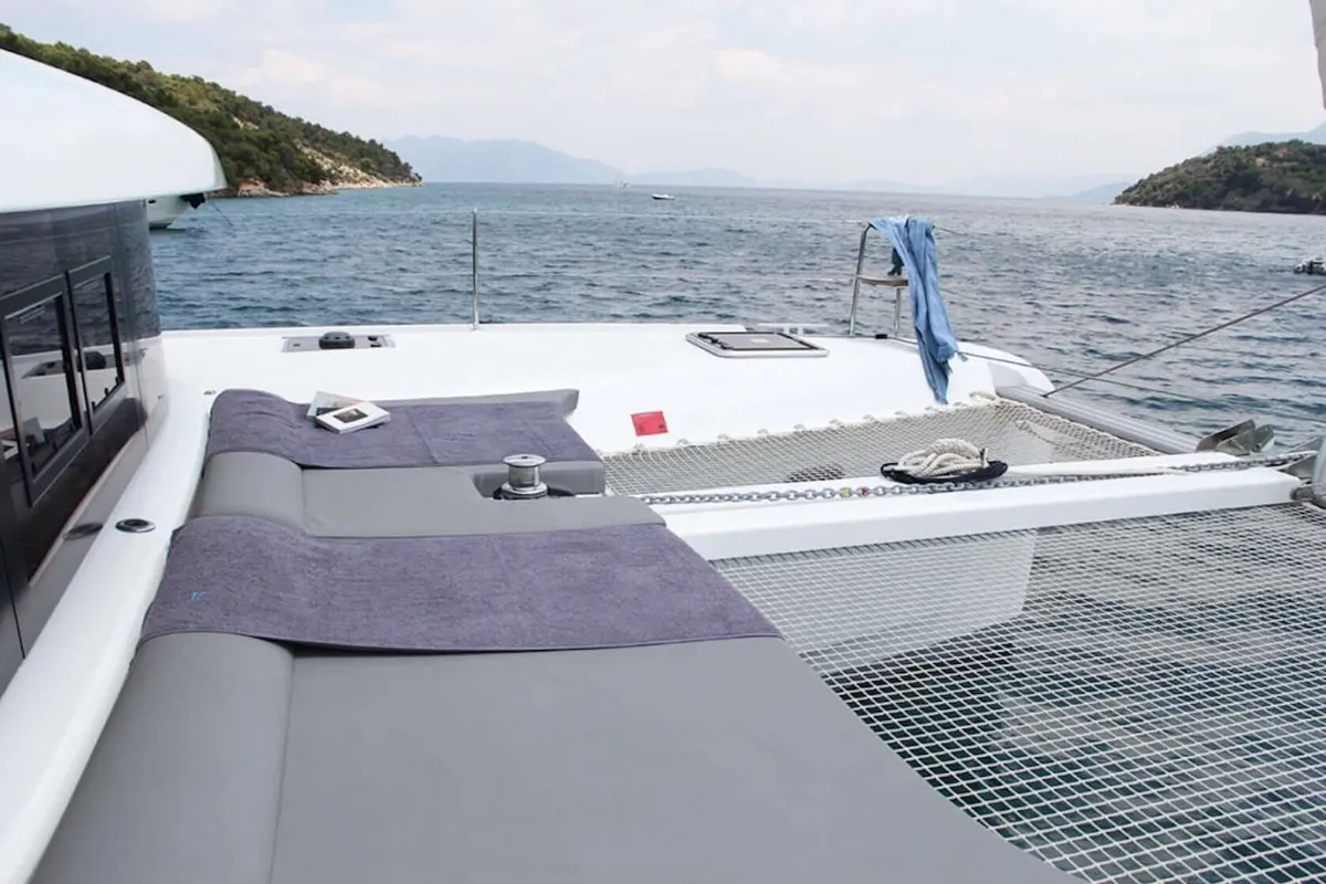 Deck of HeyBlue, a Lagoon 42 catamaran at Parikia, Greece