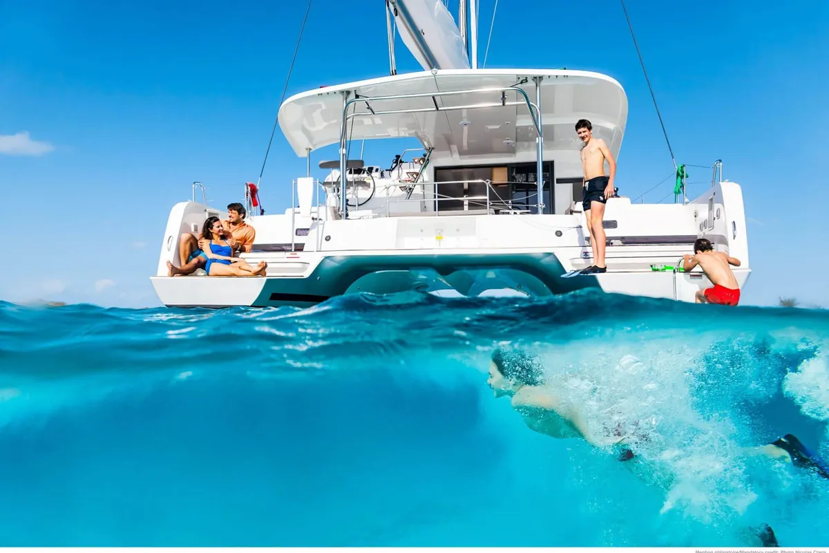 Exterior view of HeyBlue, a Lagoon 42 catamaran at Parikia, Greece