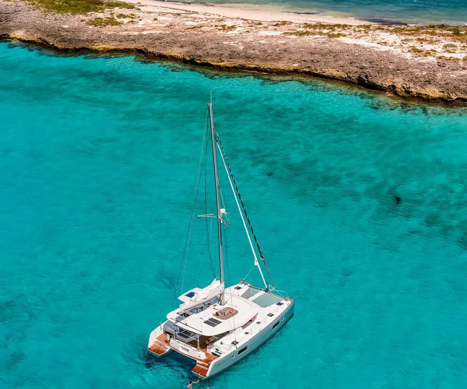 Exterior view of HeyBlue, a Lagoon 42 catamaran at Parikia, Greece