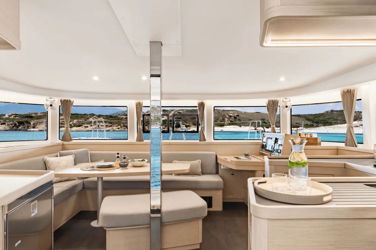 Salon of HeyBlue, a Lagoon 42 catamaran at Parikia, Greece