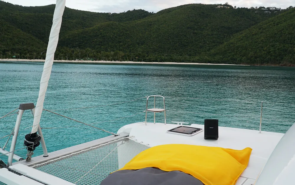 Deck of HeyBlue, a Lagoon 42 catamaran at Parikia, Greece