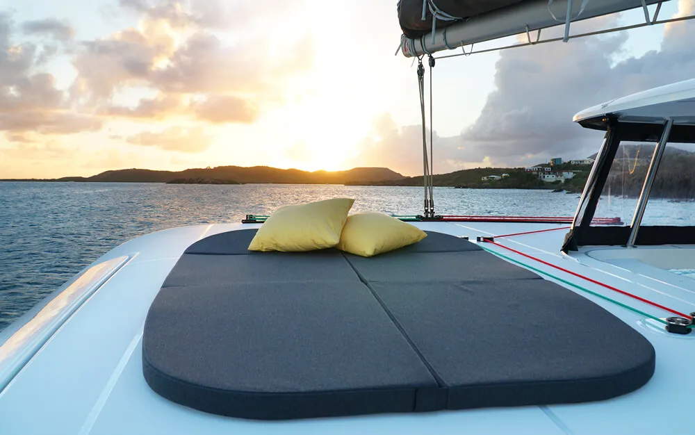 Deck of HeyBlue, a Lagoon 42 catamaran at Parikia, Greece