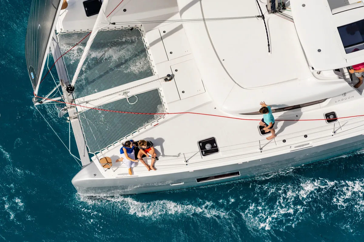 Deck of HeyBlue, a Lagoon 42 catamaran at Parikia, Greece