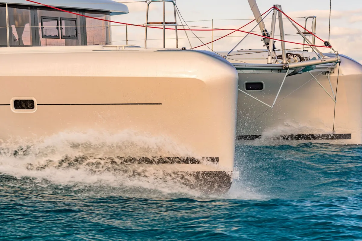 Exterior view of HeyBlue, a Lagoon 42 catamaran at Parikia, Greece