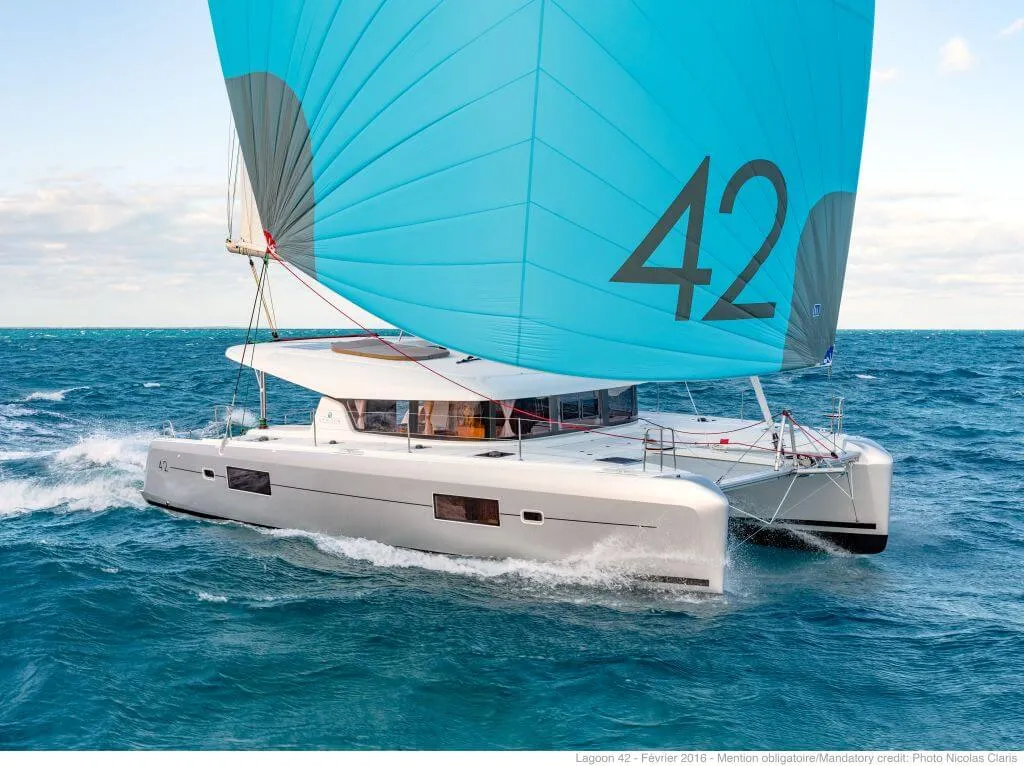 Exterior view of HeyBlue, a Lagoon 42 catamaran at Parikia, Greece