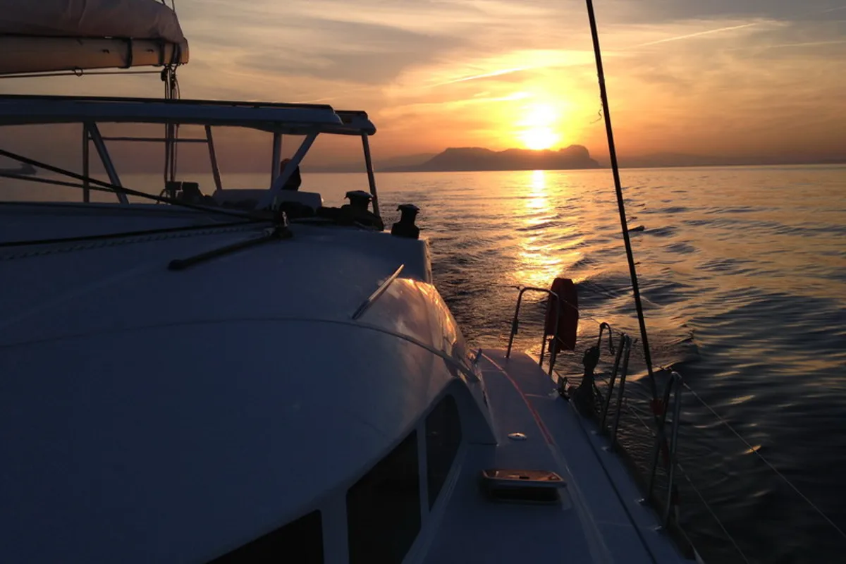 Exterior view of Thalassaki, a Lagoon 380 catamaran at Athens, Greece