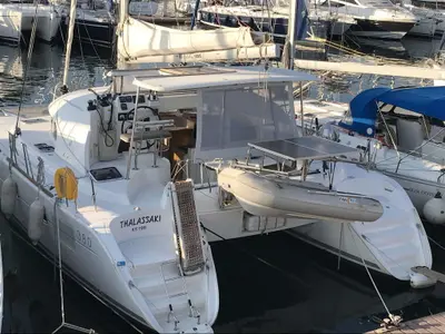 Exterior view of Thalassaki, a Lagoon 380 catamaran at Athens, Greece