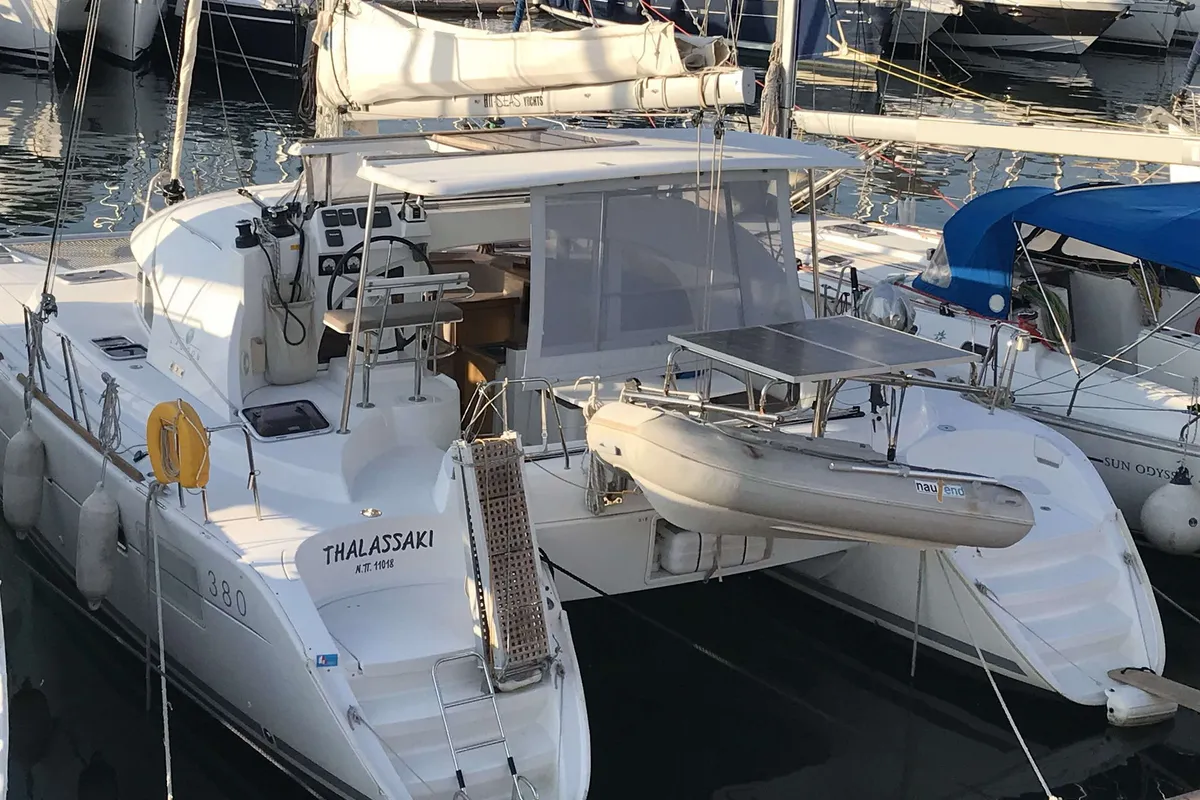 Exterior view of Thalassaki, a Lagoon 380 catamaran at Athens, Greece