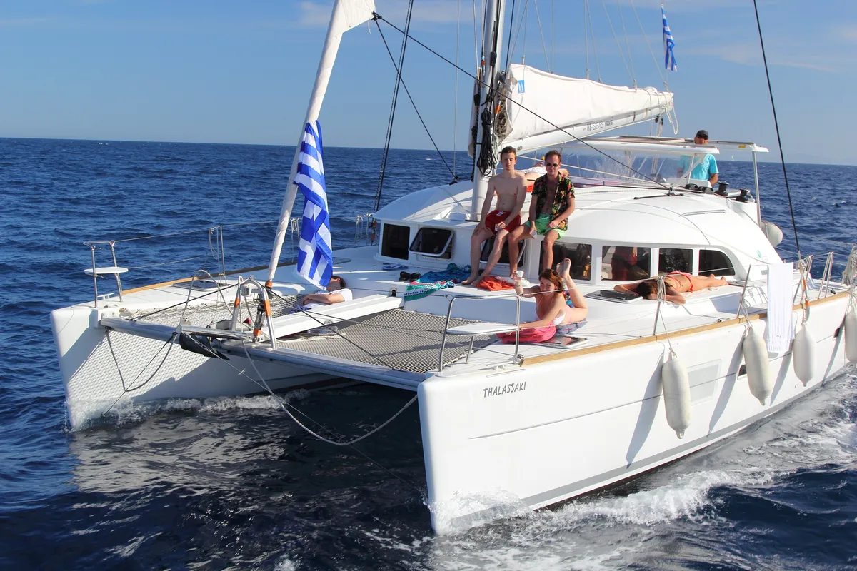 Exterior view of Thalassaki, a Lagoon 380 catamaran at Athens, Greece