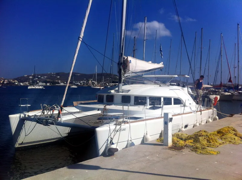 Exterior view of Thalassaki, a Lagoon 380 catamaran at Athens, Greece