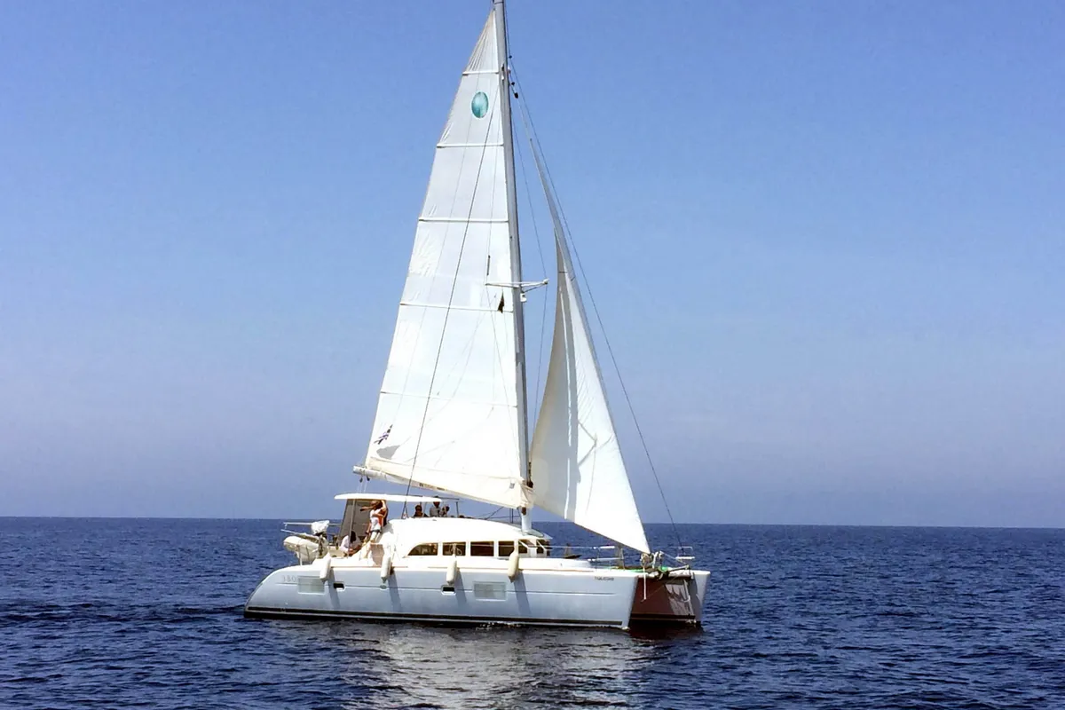 Exterior view of Thalassaki, a Lagoon 380 catamaran at Athens, Greece