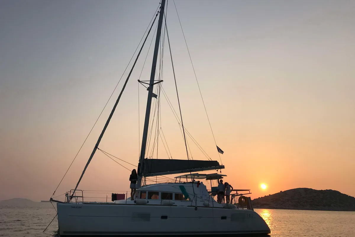 Exterior view of Thalassaki, a Lagoon 380 catamaran at Athens, Greece