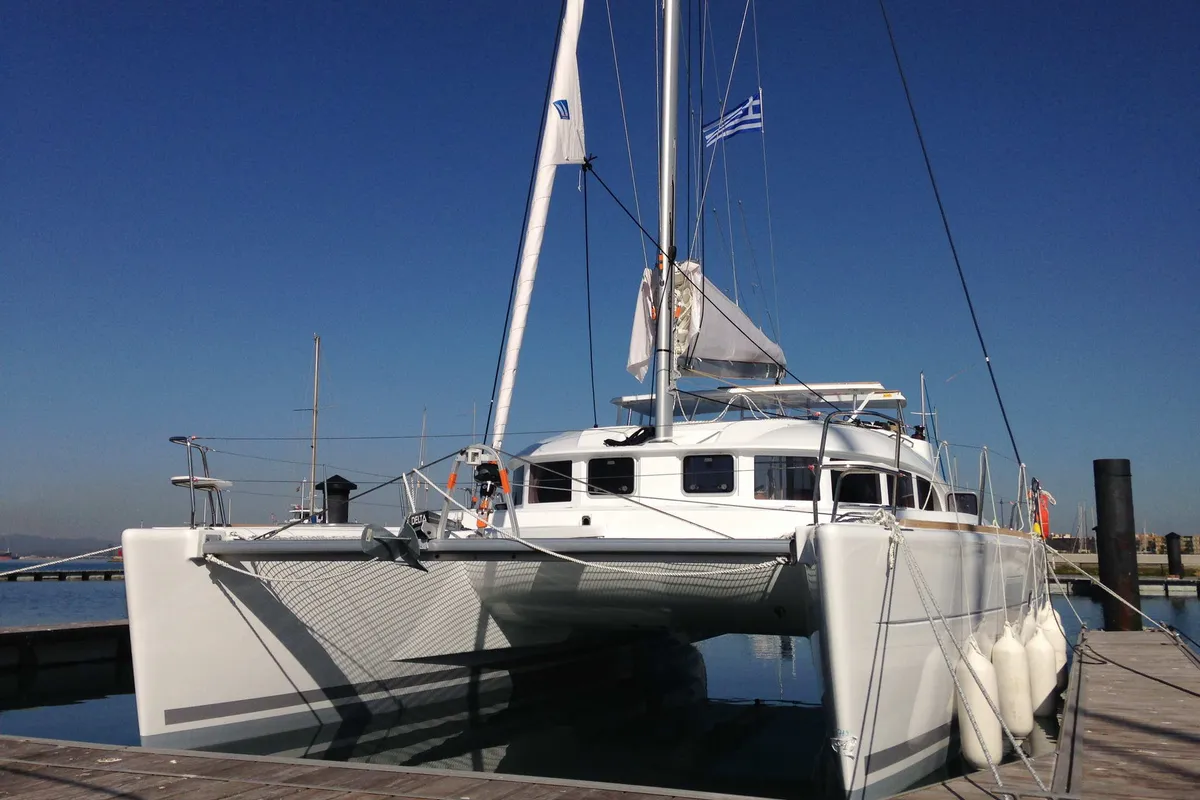Exterior view of Thalassaki, a Lagoon 380 catamaran at Athens, Greece