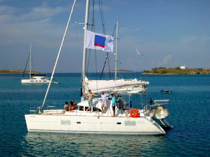 Exterior view of Thalassaki, a Lagoon 380 catamaran at Athens, Greece