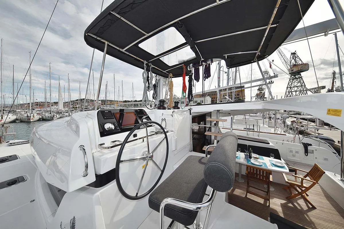 Cockpit of Adriana 2, a Lagoon 42 catamaran at Grad Trogir, Croatia