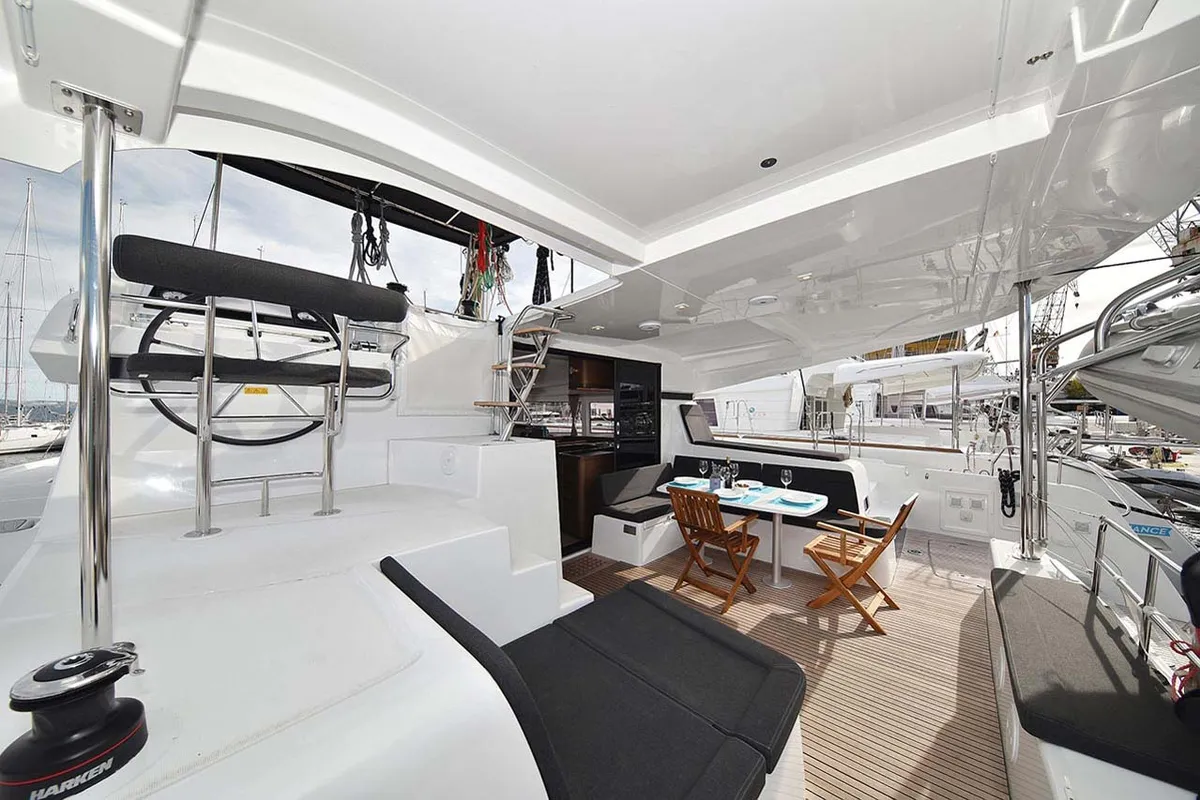 Deck of Adriana 2, a Lagoon 42 catamaran at Grad Trogir, Croatia