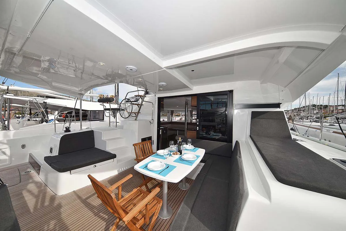 Deck of Adriana 2, a Lagoon 42 catamaran at Grad Trogir, Croatia