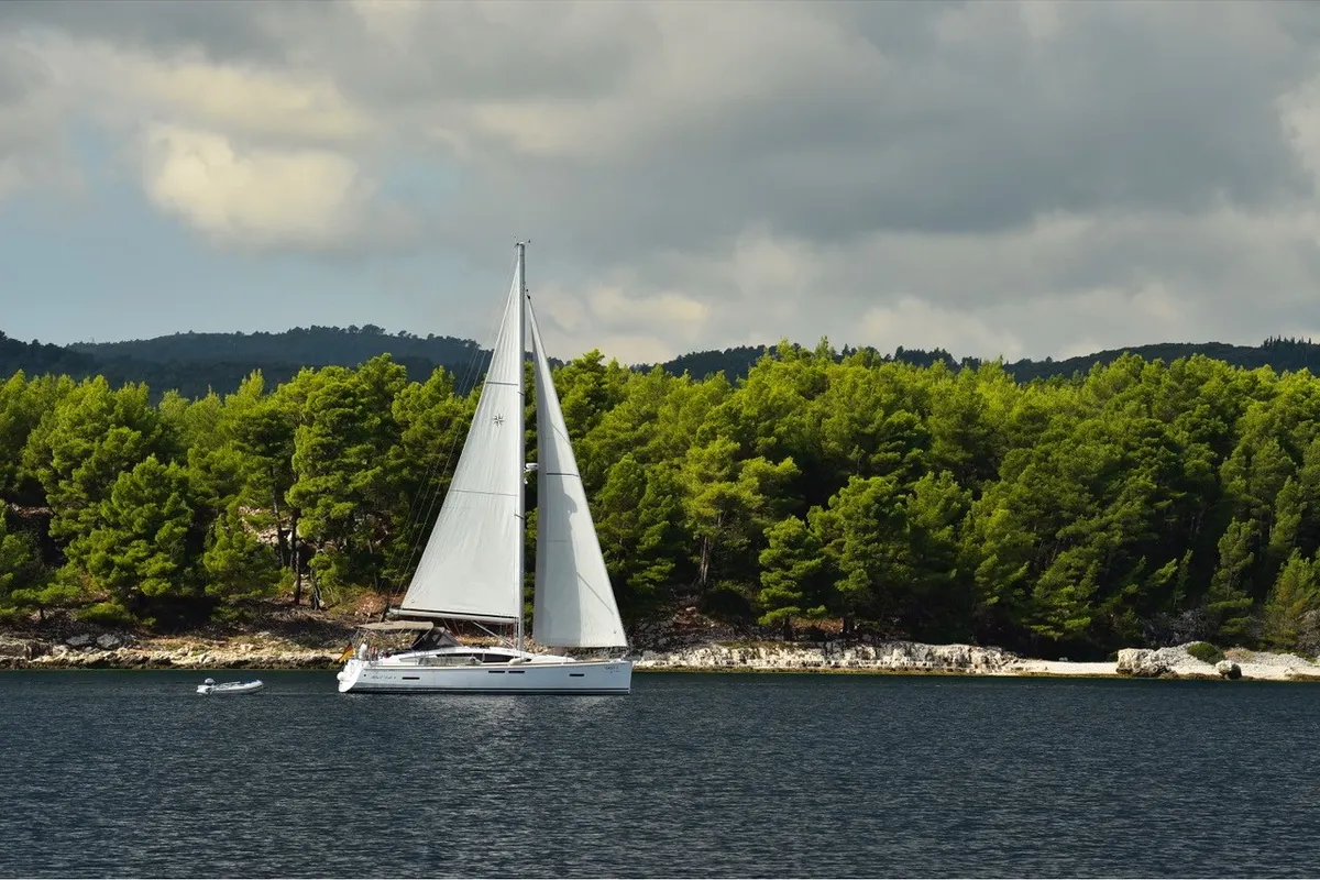 Exterior view of Višnjica, a Jeanneau Sun Odyssey 349 sailboat at Grad Ploče, Croatia
