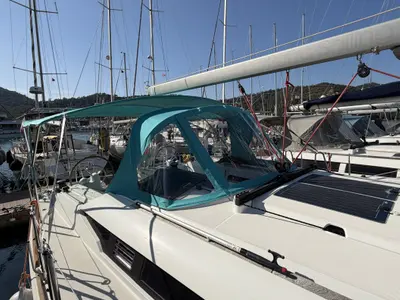Cockpit of Classic, a Jeanneau Sun Odyssey 439 sailboat at Fethiye, Turkey