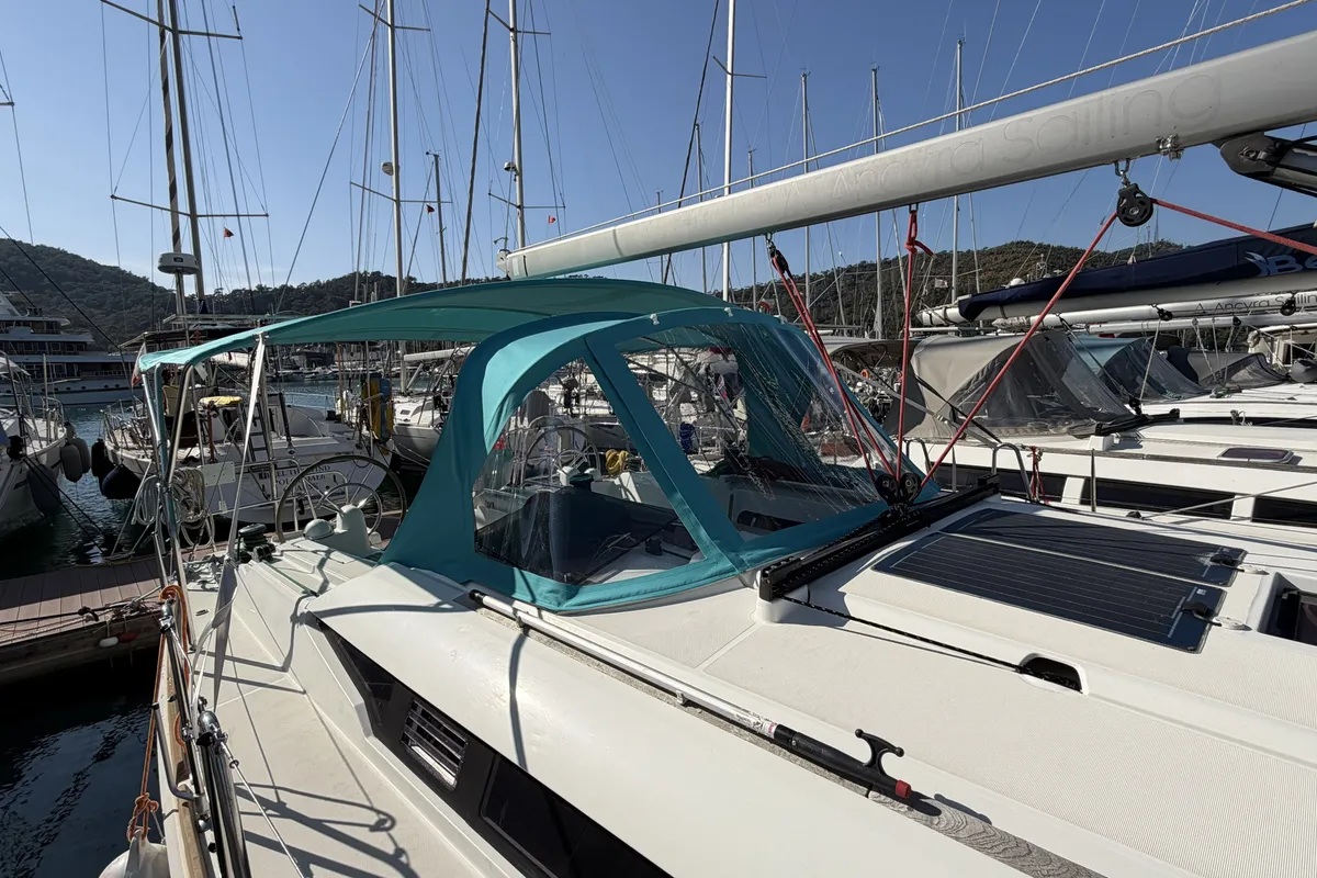 Cockpit of Classic, a Jeanneau Sun Odyssey 439 sailboat at Fethiye, Turkey