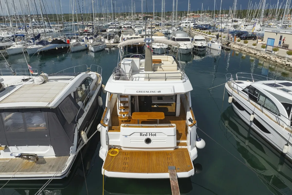 Exterior view of Red Hot, a Greenline 48 Fly motor yacht at Grad Biograd na Moru, Croatia