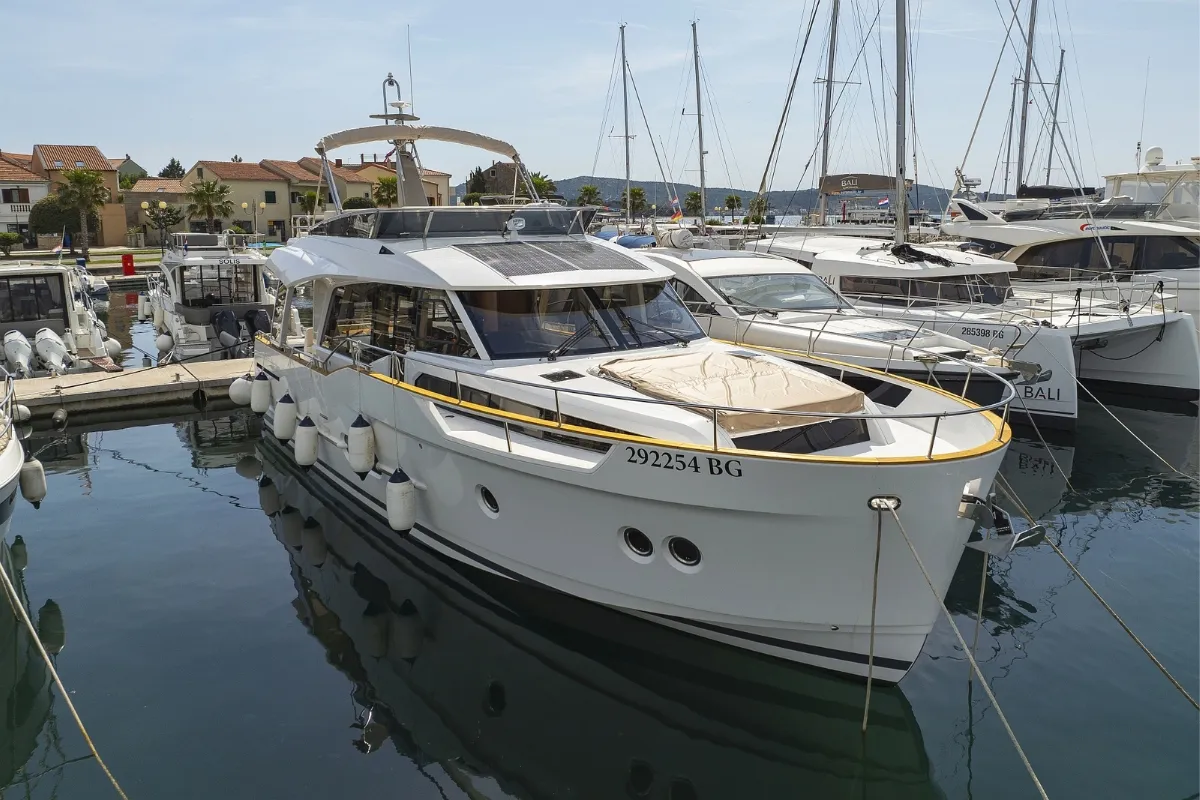 Exterior view of Red Hot, a Greenline 48 Fly motor yacht at Grad Biograd na Moru, Croatia