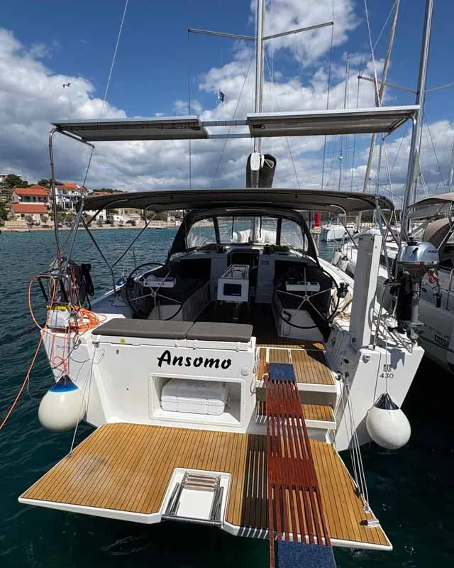 Cockpit of Ansomo, a Dufour 430 sailboat at Jezera, Croatia