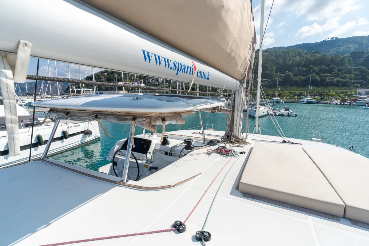 Deck of Ferd - Premium line, a Lagoon 42 catamaran at Capo d'Orlando, Italy