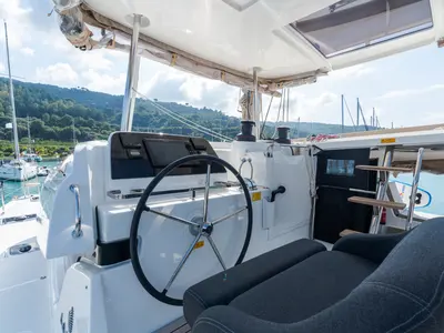 Cockpit of Ferd - Premium line, a Lagoon 42 catamaran at Capo d'Orlando, Italy