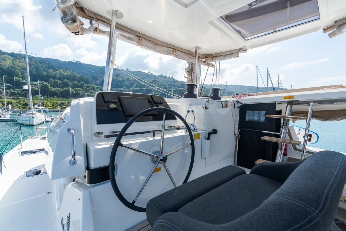 Cockpit of Ferd - Premium line, a Lagoon 42 catamaran at Capo d'Orlando, Italy