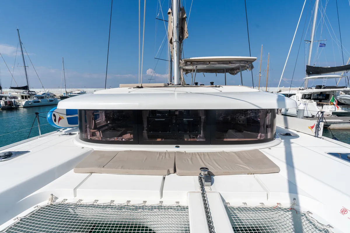 Deck of Ferd - Premium line, a Lagoon 42 catamaran at Capo d'Orlando, Italy